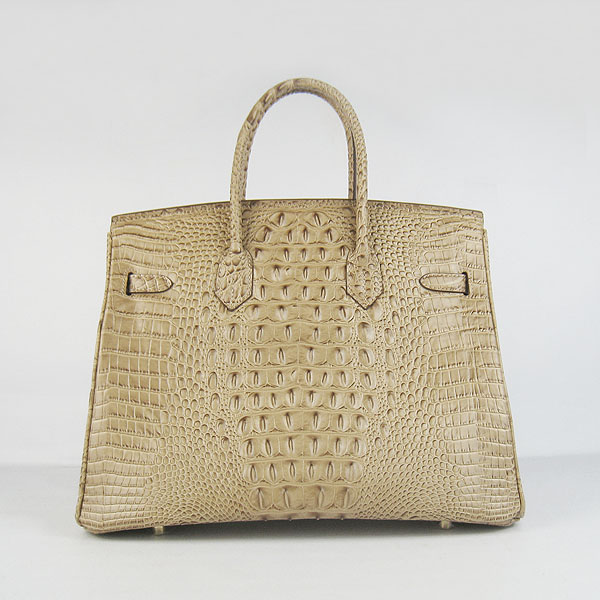 High Quality Fake Hermes Birkin 35CM Crocodile Head Veins Leather Bag Apricot 6089